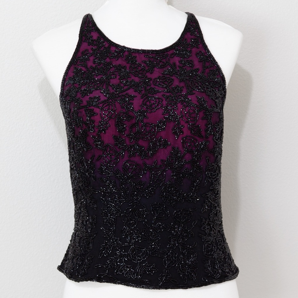 Cecily Brown Women's Fully Beaded Hot Barbie Pink Black Ombré Tank Top Size Med